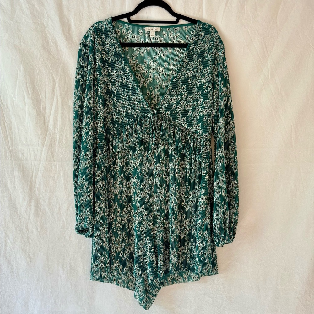 Topshop Long Sleeve Deep V Emerald Floral Print Romper